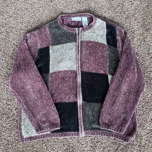 Vintage Croft & Barrow Muted Pink and Gray Patchwork Knit Zip-Up Sweater